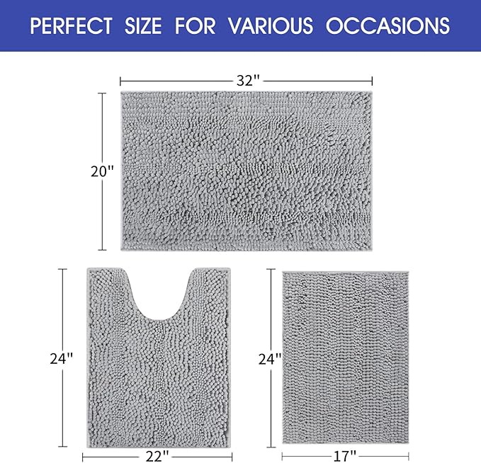 ACCUMTEK Striped Light Grey Bathroom Rug Set 3 Pieces Gray Ultra Soft, Non Slip Chenille Toilet Mat, Absorbent Plush Shaggy Bath Mats for Bathroom, Bedroom, Kitchen