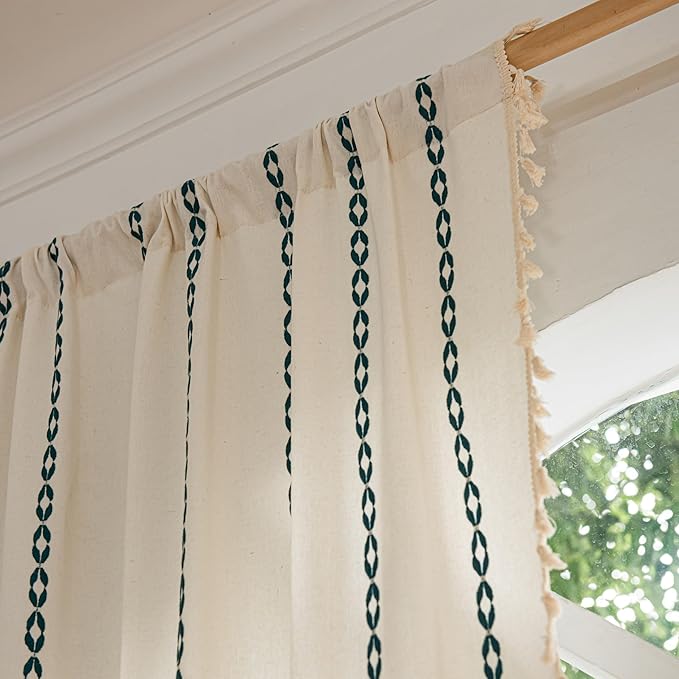 Sutuo Home Boho Curtains 84 Inches Long for Bedroom Living Room, Bohemian Drape,Light Filtering Country Semi Blackout Farmhouse Window Treatment Rod Pocket, 1 Panel W52 x L84,White and Hunter Green