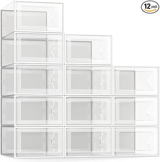 SEE SPRING X-Large Shoe Storage Box Fit Size 11, Clear Plastic Stackable Shoe Organizer for Closet, Space Saving Foldable Shoe Rack Sneaker Container Bin Holder, 12 Pack Clear