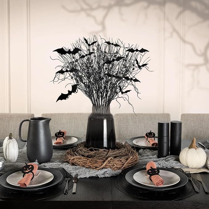 21Pcs Halloween Decorations Black Artificial Branches Picks Decor Berry Stems Tree Glittery Curly with 24Pcs Bats for Flowers Arrangement Floral Bouquet Vase Party Supplies