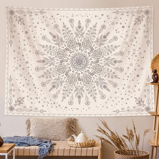 Lunerfex Boho Floral Tapestry Mandala Wall Tapestry, Cute Tapestries for Bedroom Beige Flower Tapestries Wall Hanging for Bedroom Living Room Wall Decor Beige-1 60"x80"