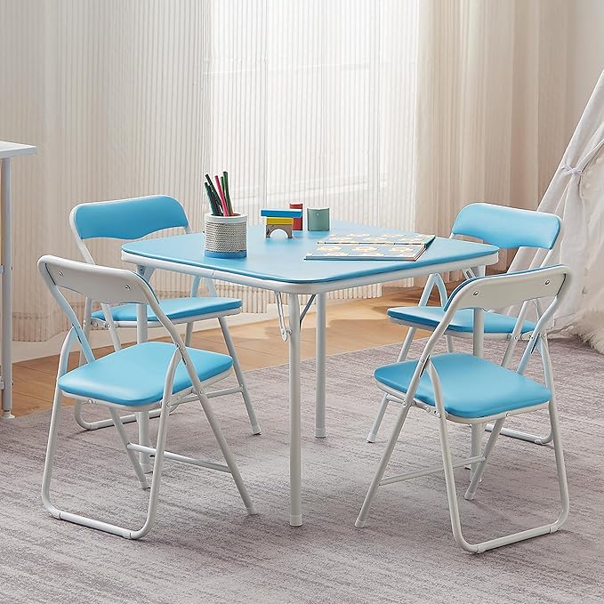 VECELO Folding Activity Table and Chairs 5 Pcs, Portable, with Ultra Soft PU Padded Cushion, 5 Piece Set, Blue