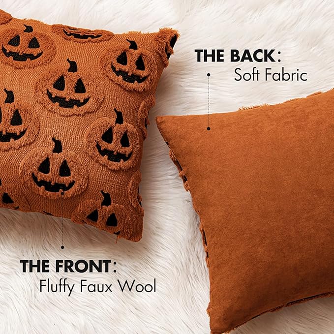 MIULEE Fall Halloween Throw Pillow Covers 18x18 Decorative Pumpkin Pattern Pillowcases Soft Plush Faux Wool Cushions for Home Patio Sofa Couch,Rust