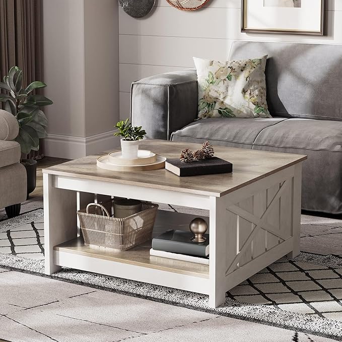 YITAHOME Coffee Table Farmhouse Coffee Table with Storage Rustic Wood Cocktail Table, Square Coffee Tables for Living Meeting Room with Half Open Storage Compartment, Grey Wash