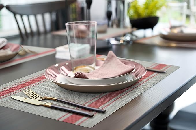 More Décor Dining Table Placemats, Washable Heat-Resistant PVC Vinyl Table Mats for Dining Room and Kitchen, Anti-Slip - Set of 4 - Horizontal Striped Red - Grey