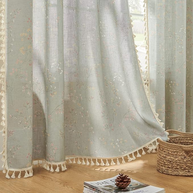Joydeco Blue Floral Boho Curtains 108 Inches Long 2 Panels, Super Soft Bohemian Farmhouse Curtains with Tassels, Semi Sheer Light Filtering Drapes for Bedroom Living Room (Rod Pocket, 52Wx108L)