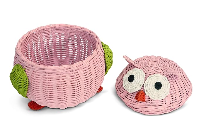 Owl Rattan Storage Basket With Lid Decorative Bin Home Decor Hand Woven Shelf Organizer Cute Handmade Handcrafted Nursery Gift Animal Art Decoration Artwork Wicker Hoot Owl (Large, Pink)