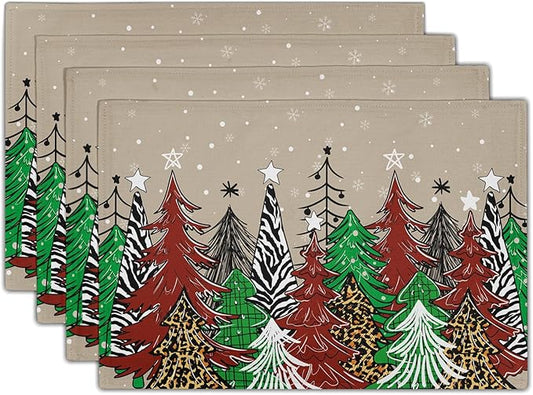 Watercolor Xmas Tree Placemats for Dining Table Set of 4, 12 x 18 Inch Winter Snowflake Heat Resistant Xmas Linen Dining Table Mats for Home Kitchen Tabletop Decoration