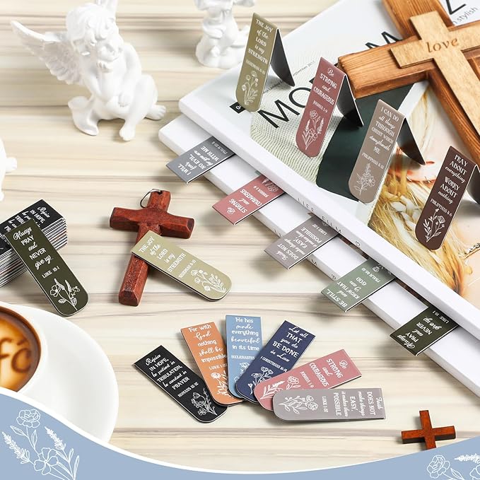 Zonon 48 Pcs Bible Verse Magnetic Bookmarks, Inspirational Scripture Christian Book Markers Religious Motivational Encouragement Flower Page Clips Presents for School Supplies (Dreamy Style)