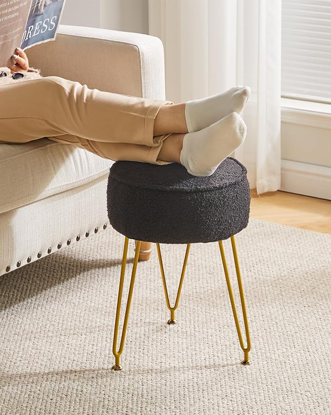IBUYKE Teddy Velvet Round Footrest Ottoman, Makeup Vanity Side Table, Velvet Dressing Table Seat, Pouf Couch Stool for Living Room Bedroom, Black WBD009B