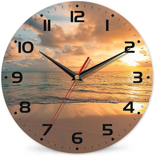 Sunset Beach Wall Clock - Vintage Wooden, Silent Non-Ticking, Battery Operated, Arabic Numerals, Decorative for Kitchen, Office, Classroom - 10 Inch