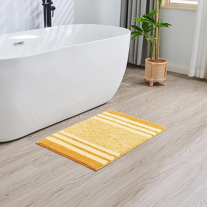 CozeCube Yellow Striped Bath mats for Bathroom Non Slip, Fluffy Absorbent Microfiber Bath mat Washable, Aesthetic Bathroom Rugs, Large Bath mat for Sink, 36" x 24"