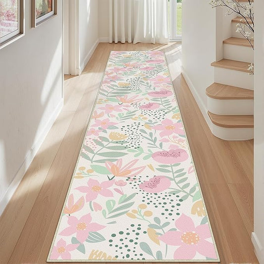 Floral Runner Rug 3x10 Washable Hallway Pink Bedroom Non Slip Cute Long Kitchen Carpet Botanical Indoor Soft Accent Rug for Bathroom Dining Laundry Living Room