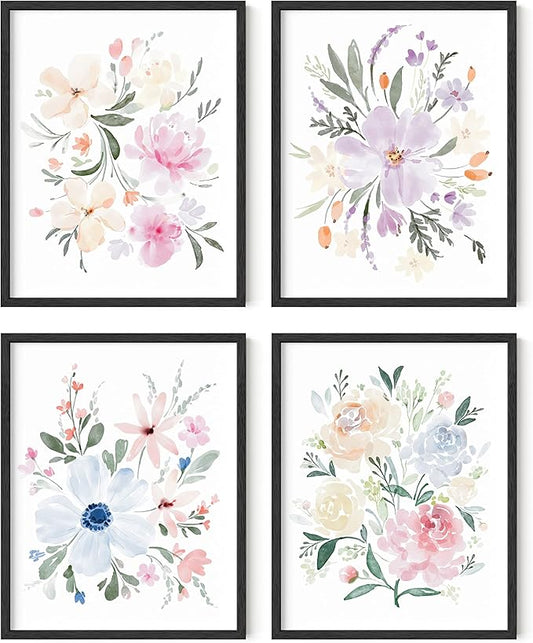 Haus and Hues Flower Wall Decor - Set of 4 Floral Wall Art, Floral Wall Decor, Flower Wall Art, Framed Flower Painting, Floral Pictures Wall Decor, Flower Pictures Wall Decor (Framed Black, 11x14)