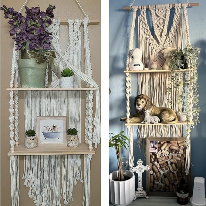 Mong Macrame Wall Hanging Shelf - Boho Hanging Shelves for Wall - Decorative Bohemian Floating Plants Room Storage Shelving Macrame Rope Decor Organizer Rack, 2 Tier Handmade Plant Shelves