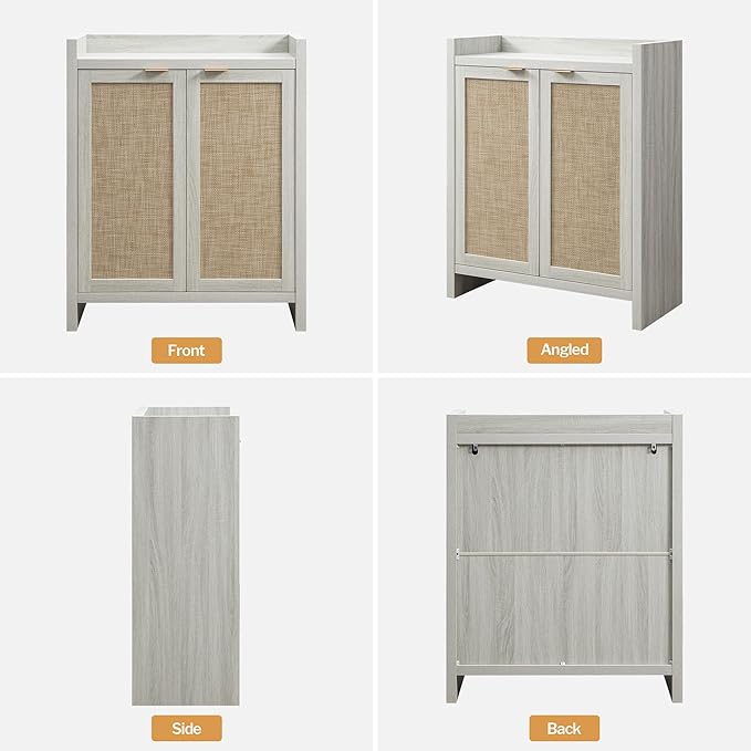 SICOTAS Shoe Cabinet, 24 Pair Shoe Storage Organizer Cabinet, 41" Tall Rattan Shoe Cabinet with Doors and Shelves, 6-Tier Farmhouse Boho Wooden Storage Cabinet for Entryway Hallway, Whitish-Gray Oak