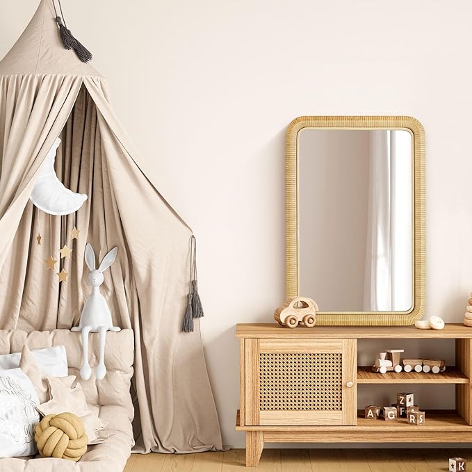 20"x30" Boho Bathroom Mirror,Rattan Wall Mirror –Handwoven Wicker Rattan Frame, Rectangular Hanging Decor for Dresser, Nursery, Bedroom, Livingroom or Entryway