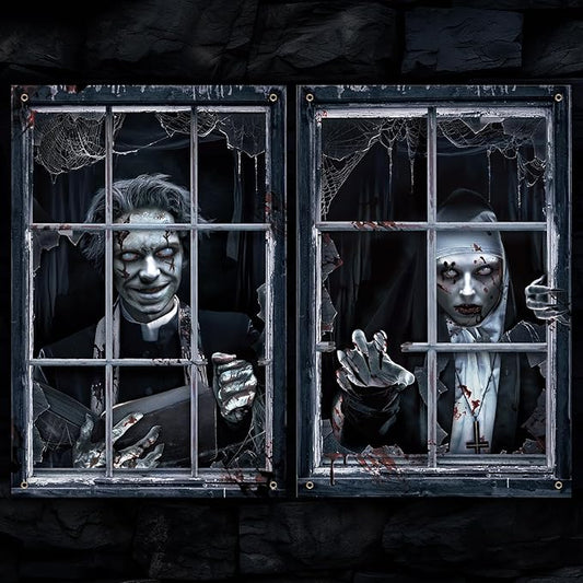 2 Pcs Halloween Scary Curtain Halloween Window Silhouette Decoration Blood Ghost Window Cover Horror Theme Poster for Indoor Outdoor Party Wall Garage Door Decor(Zombies and Ghost)