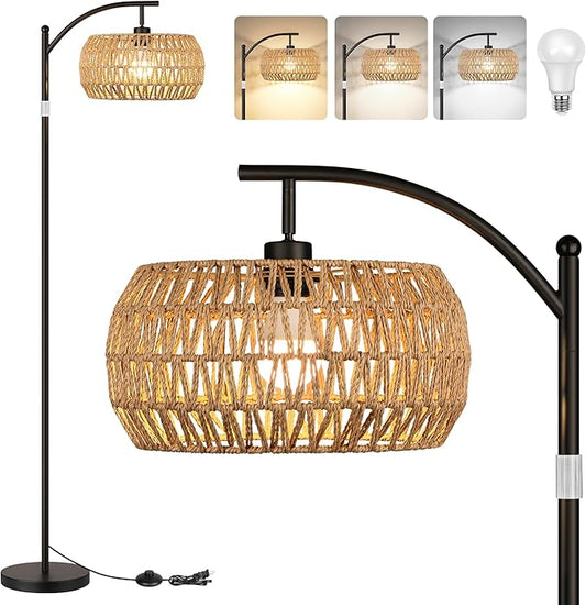 ROTTOGOON Boho Floor Lamp with Dimmable Bulb, Rattan Shade, Boho Standing Tall Lamps with Foot Switch, Black Bohemian Floor Lamps for Living Room, Bedroom, Office