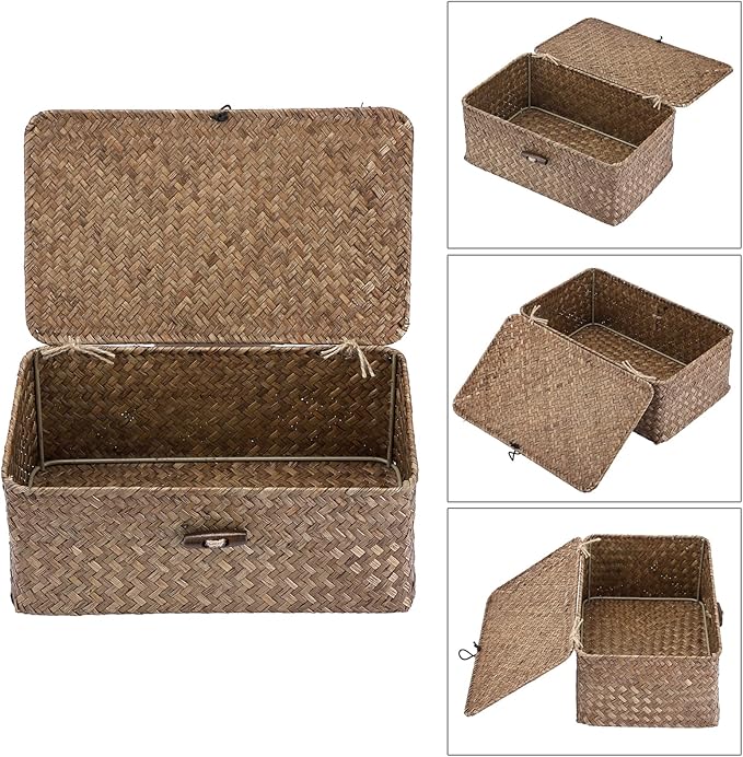 Hipiwe Wicker Shelf Baskets Bin with Lid, Handwoven Seagrass Basket Storage Bins Rectangular Household Basket Boxes for Shelf Wardrobe Home Organizer, Coffee Small