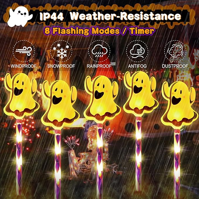 LOLStar Halloween Ghost Decorations 5-Pack Halloween Pathway Lights Outdoor, Waterproof Battery Operated Walkway Garden Stake Lights Makers with Timer 8 Flash Mode Light Up for Yard Patio Lawn Grave