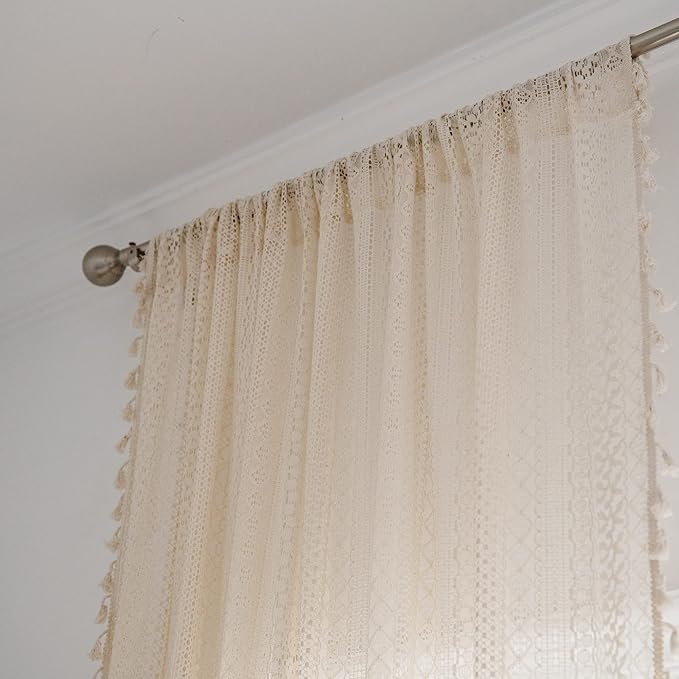 JOOJA 2 Panels Beige Lace Sheer Boho Lace Curtains with Crochet Semi Sheer Vintage Drapes for Living Room Bedroom, Farmhouse, Bohemian Style Modern (Crochet Beige, 59x96)