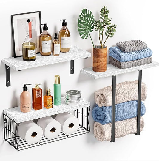 HAMITOR Floating Shelves Wall Mounted Over Toilet: Bathroom Shelf with Towel Rack Paper Holder Storage - Rustic Wood Farmhouse Shelves for Wall Decor/Bathroom