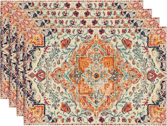 Artoid Mode Boho Placemats Set of 4, Daily Orange Teal Flowes Bohemia Table Mats for Home Party Dining Decoration 12x18 Inch