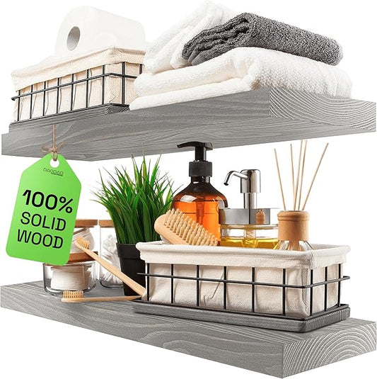 BAOBAB WORKSHOP Wood Floating Shelves for Wall - Rustic Shelf 24 inch - Grey Bathroom Shelves - Solid Wood Shelves for Wall for Bedroom Kitchen Living Room - Gray Shelves - 24 x 6.7 Inch, Set of 2