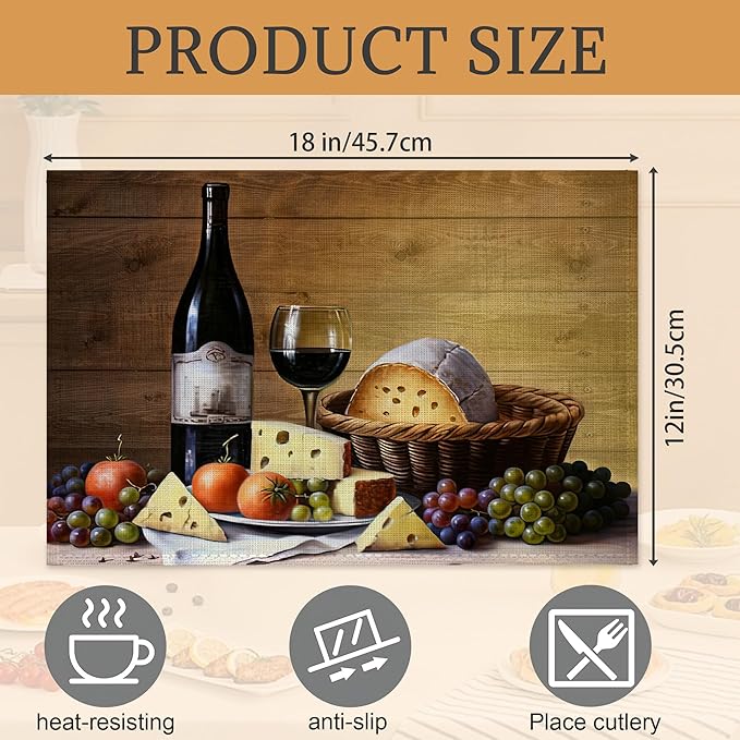Wine Cheese Placemats Set of 6,Washable Heat Resistant 12×18 Inch Linen Table Mats Vintage Place Mats for Party Outdoor Dining Décor