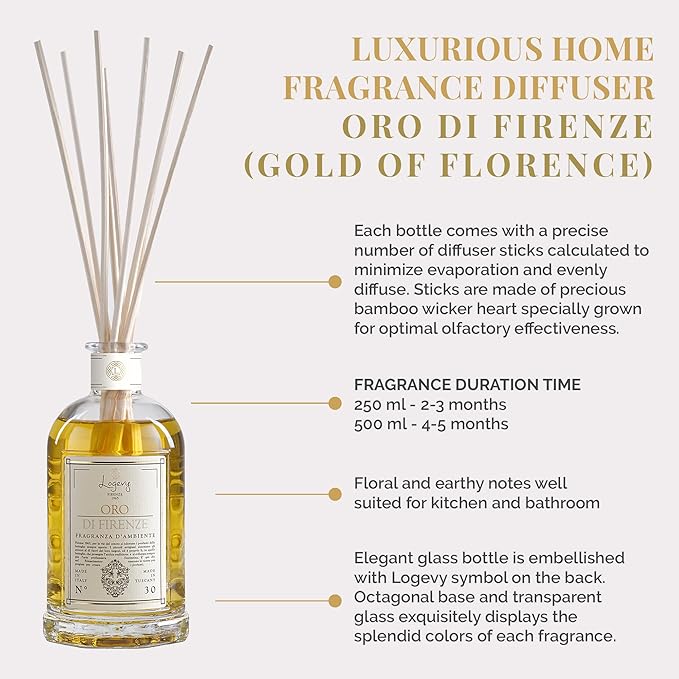Logevy Firenze 1965 Oro di Firenze – Gold of Florence Luxury Home Fragrance Diffuser by Italian Master Perfumer with Floral & Earthy Notes in Elegant Glass Bottle with 12 Natural Bamboo Reeds – 500ml