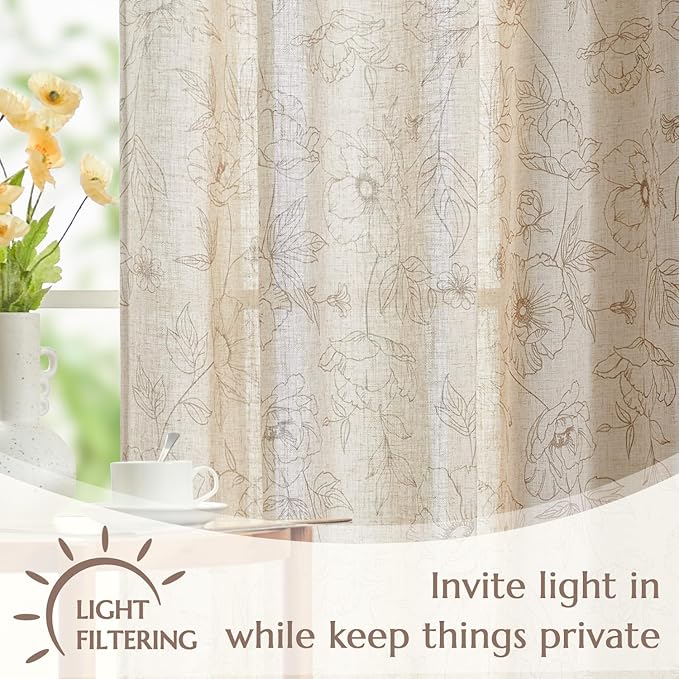 jinchan Linen Floral Curtains for Living Room 84 Inch Length Taupe Flower Curtain Rod Pocket Back Tab Farmhouse Curtains with Printed Floral Bedroom Window Curtain Set, 2 Panels Taupe