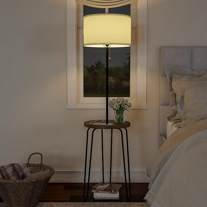 Floor Lamp with Table - Mid-Century Modern Nightstand or Side Table with USB Port and Hairpin Legs - Standing Light with Shelves by Lavish Home