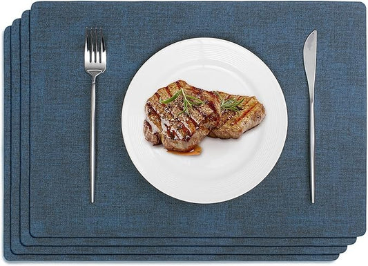 Softalker Faux Leather Placemats Set of 4-Vinyl Heat Resistant Place Mats, 100% Waterproof Oilproof Wipe Clean Table Mats for Indoor & Outdoor Use, 17’’×12’’, Navy Blue
