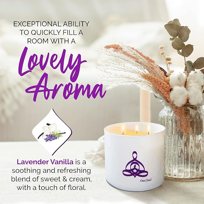Large Lavender Vanilla Candle, Scented Candles for Home, Hand-Poured Aromatherapy Large 3 Wick Candle for 50-Hour Burn Time, 14oz - OneSoul Collection