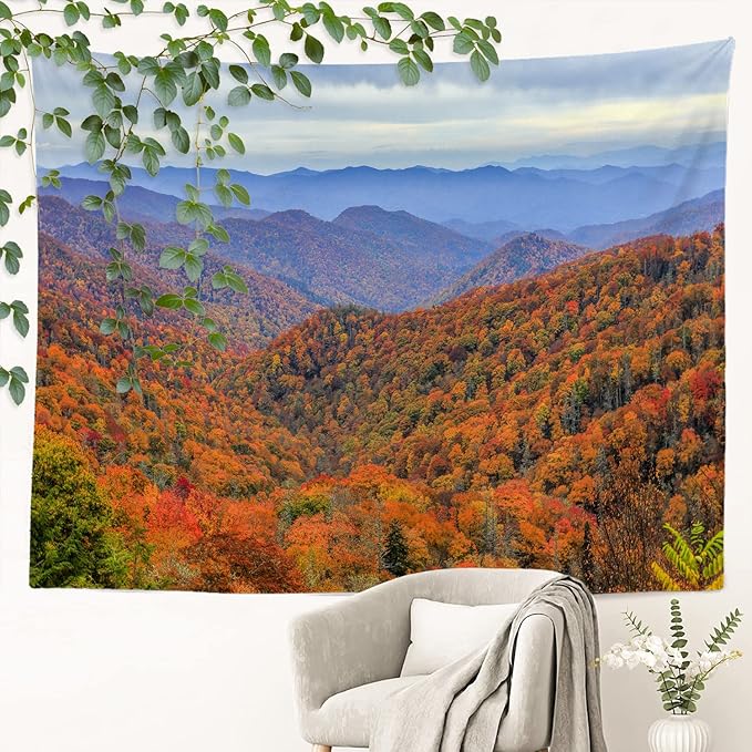 BaoNews Orange Natural Smoky Mountains Tapestry,Landscape Blue Sky Large Wall Hanging Polyester Tablecloths Tapestry Bedroom Room Living Room Dorm 51.2 x 59.1 inches