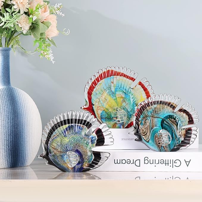 Blown Glass Fish Statues and Sculptures, Stained Glass Fish Modern Art for Coastal Style Home Decor, Shelves Office Fish Tank Bookcase and Entryway Entry Table Top Coffee Table.