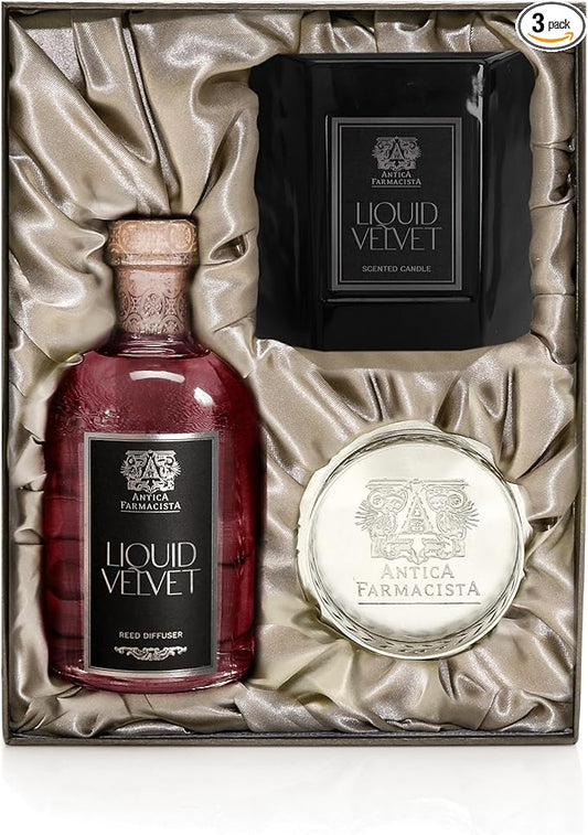 Antica Farmacista Liquid Velvet Candle & Reed Diffuser Set - Gift Set for Women & Men - 9 oz Scented Candle, 8.45 fl oz Reed Diffuser, Silver Diffuser Tray - Holiday Gifts - Home Fragrance Gift Set