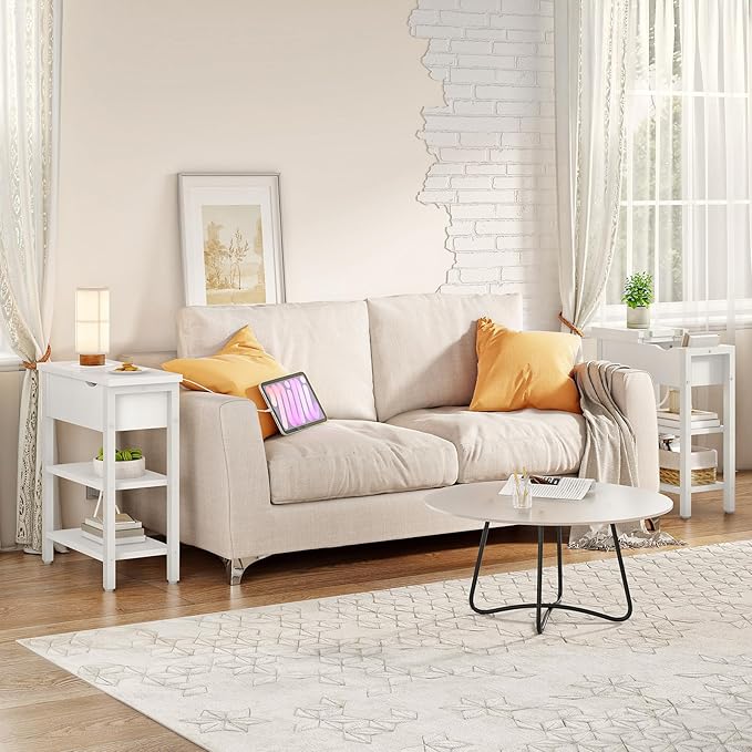 HOOBRO End Table with Charging Station, Narrow Side Table, Flip Top Nightstand with USB Ports and Outlets, Bedside Tables with Shelf for Small Spaces, Living Room, White WT341BZ01