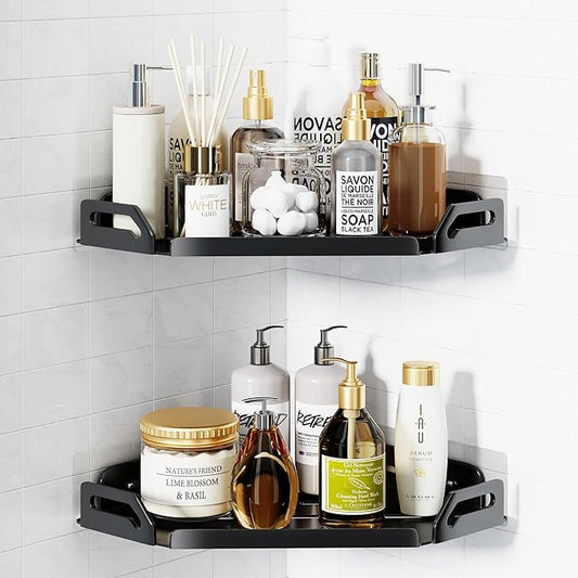 Stainless Steel Corner Shower Caddy, 2 Pack Black No Drill Adhesive Bathroom Shelf with Holder, Rustproof Design Adjustable Space & Heavy Duty Storage for 90° Tiles