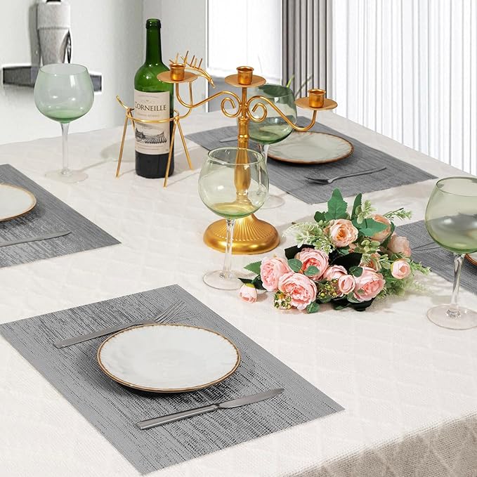 Leetaltree Grey Placemats, Heat Resistant Non-Slip Place mats for Dining Table, Washable Durable PVC Vinyl Woven Table Mats (Set of 6)