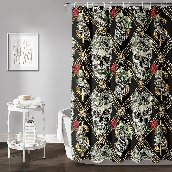AILONEN Skull Shower Curtain for Boys,Gold Money Skeleton Bath Curtain for Decor,Luxurious Skull Print Shower Curtain with 12 Plastic Hooks,Waterproof 72" W*78" H
