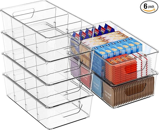 Stackable 6 Pack Snack Organizer for Pantry Shelf,Clear Pantry Organizers and Storage Bins for Fridge,Office,Cupboard,Plastic Pantry Snack Organizer For Breast Milk,Tea Bag,Food Storage Containers