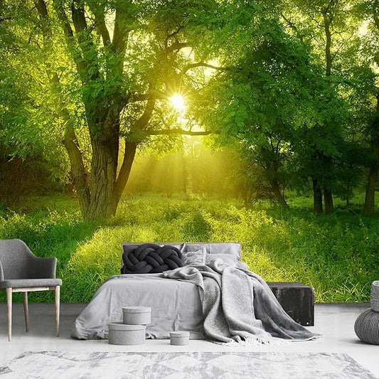 Green Sunshine Forest Wallpaper Nature Mural for Bedroom (Not Peel and Stick)