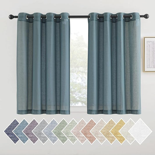 NICETOWN Smoke Blue Linen Sheer Curtains 45 inch Long for Kitchen, Grommet Semi Sheer Linen Curtains & Drapes Privacy with Light Filtering for Bedroom, 2 Panels, W52 x L45