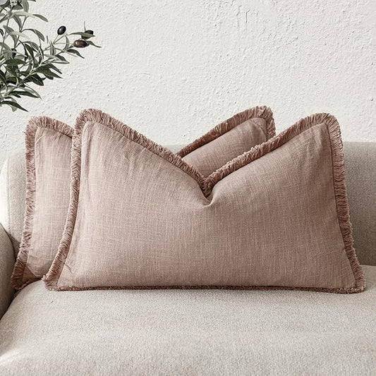 Foindtower Set of 2 Decorative Linen Fringe Lumbar Throw Pillow Covers Farmhouse Cushion Cover with Tassels Soft Accent Pillowcase for Couch Sofa Bed Living Room Home Decor,12×24 Inch,Dusty Pink