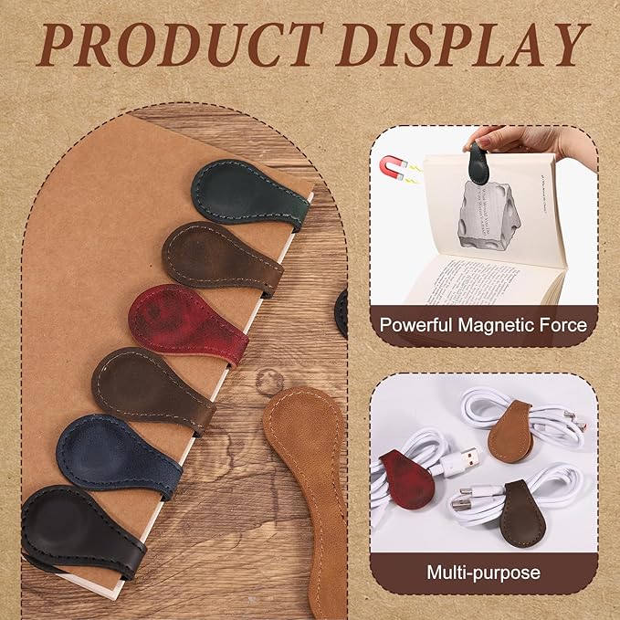 8 Pcs Leather Magnetic Bookmarks,Retro Magnetic Bookmark Holder,Double-Sided Magnetic Buckle for Wallet,PU Leather Bookmark Gift Suitable for Reading Lovers(Dark Colour)