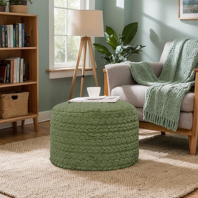Round Pouf Ottoman 20 x 20 x 14 Inches Boho Poof Home Decor Floor Pouffe Ottoman Foot Rest for Couch Sofa Bean Bag Chairs Living Room Bedroom (Green)