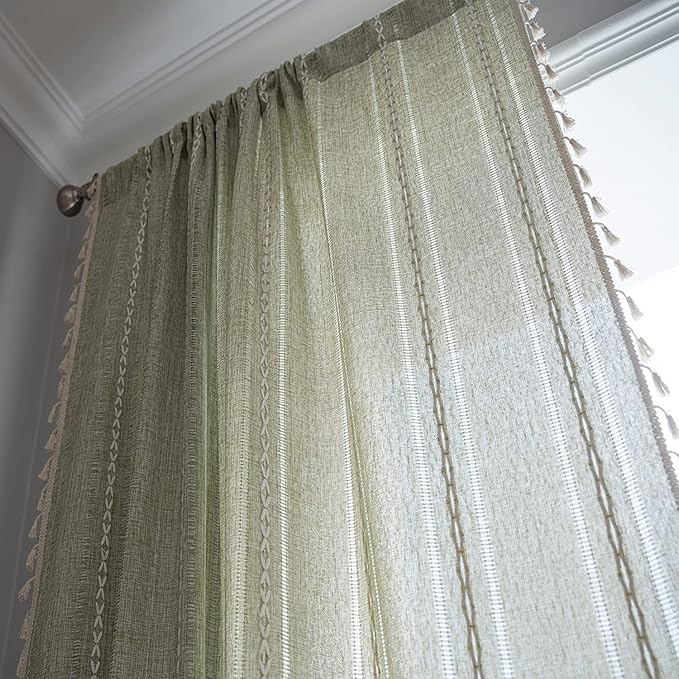 ColorBird Sage Green Boho Curtains for Bedroom 63 inch Length, 2 Panels Farmhouse Linen Curtains Living Room Darkening Drapes, Embroidered Country Window Curtain for Dining Nursery Closet