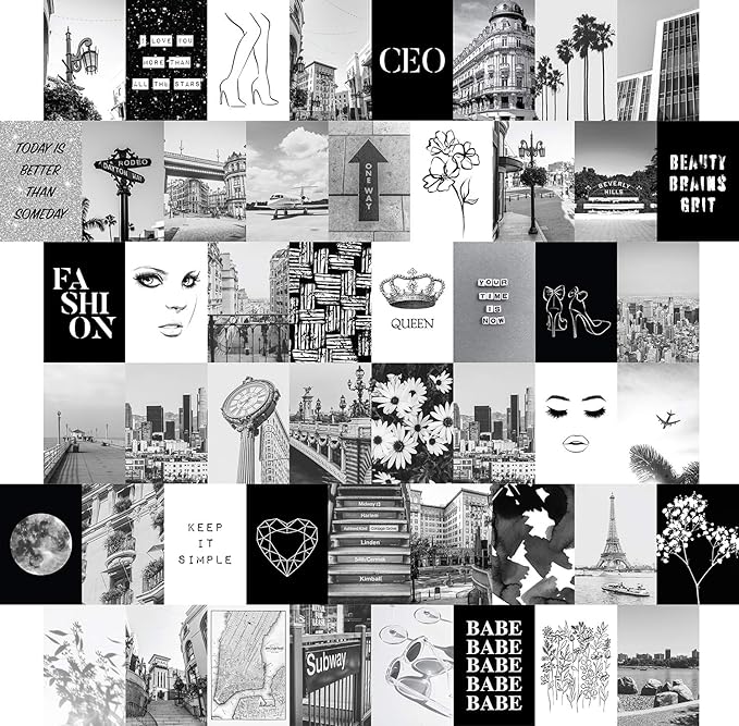 Black White Wall Collage Kit Aesthetic Pictures 50 set 8x10 inches, City Chic Wall Decor for Teen Girls, Wall Art Prints, College Dorm Room Decor, Photo Collection